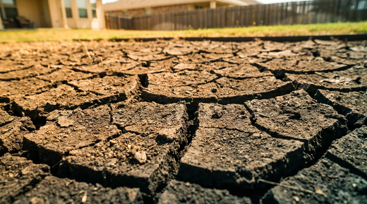 Dry, deeply cracked dark clay soil in an Austin yard — the expansive Central Texas clay that moves home foundations.
