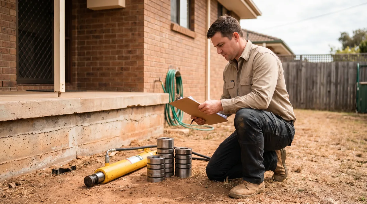 A foundation repair specialist inspecting a home's slab footing with steel piers and a hydraulic ram staged on site.