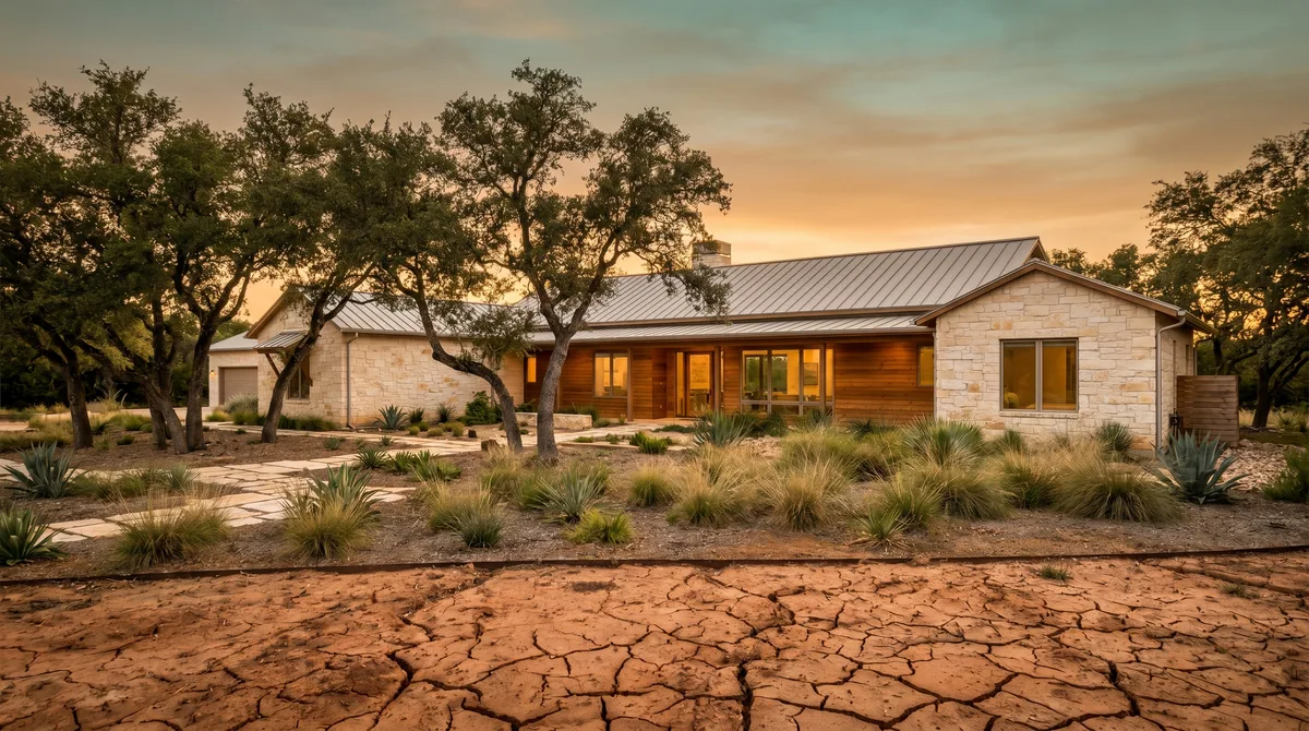 A Texas Hill Country home near Austin at sunset with dry, cracked expansive-clay soil in the foreground yard