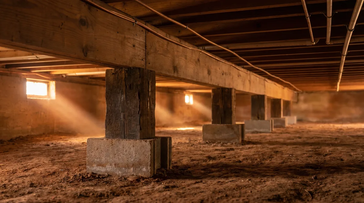 Wood beams resting on concrete and cedar piers in the crawl space beneath a Texas pier-and-beam house.