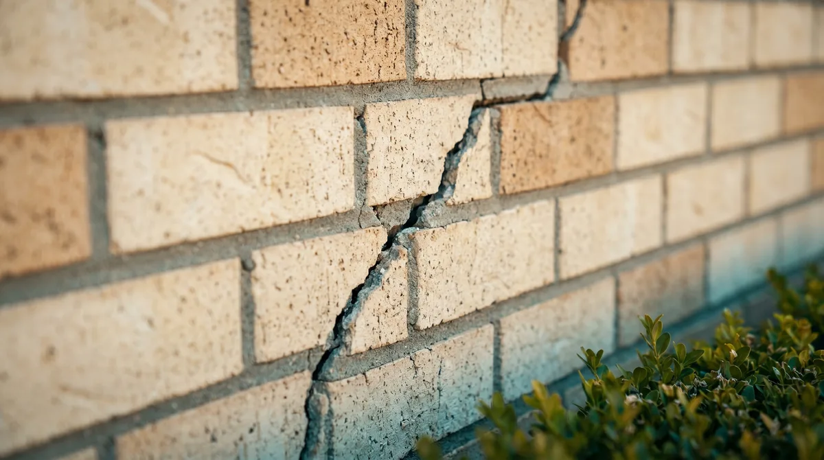 A diagonal stair-step crack through the brick exterior of a home — a classic sign of foundation movement.
