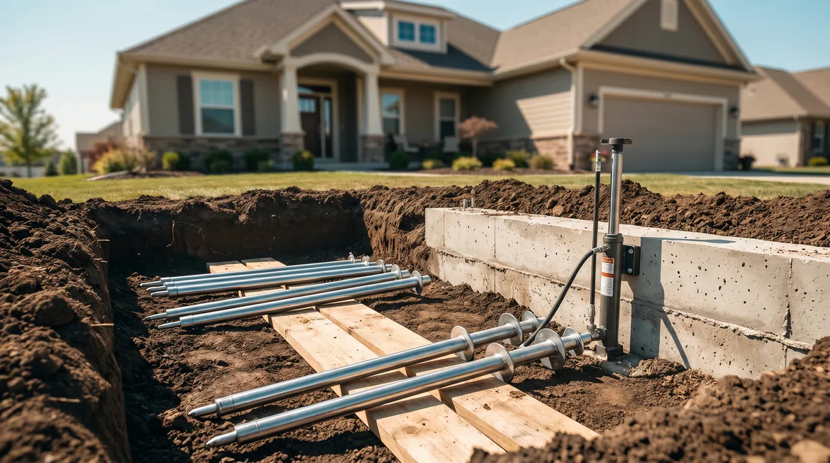 Steel push piers and a hydraulic ram beside an exposed house footing during a foundation underpinning repair.